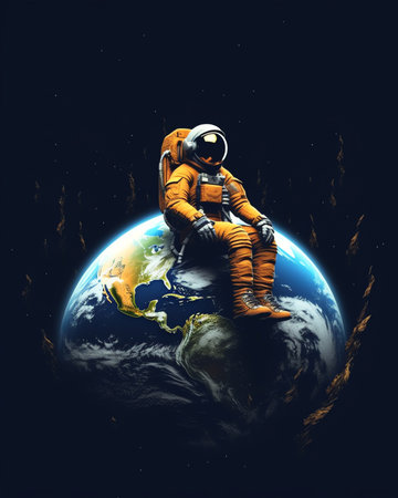 Generative AI : Astronaut sits on his knee on the lunar surface and pours blue earths soil through his fingers Planet Earth rise at the horizon Elements of this image furnished byの素材