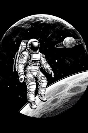 Generative AI : Astronaut and Moon on black background Future Artemis mission from Earth planet on Moon satellite Spaceman Return of astronauts Elements of this image furnished byの素材