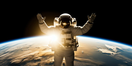 Generative AI : Astronaut in open space on orbit of Earth planet Shadow of night and lights on planet Earth and spaceman Sun light on background Elements of this image furnished byの素材