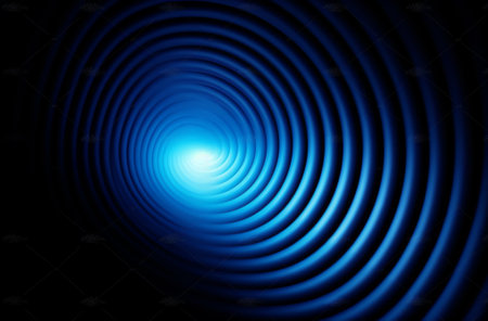Generative AI : Blur glow background Galaxy portal Moonlight radiance Defocused neon blue color lunar light sphere in ridged swirl texture tunnel on dark blackの素材