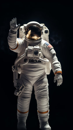 Generative AI : Astronaut stand isolated on dark background with stars Spaceman in spacesuit Elements of this image furnished by NASAの素材