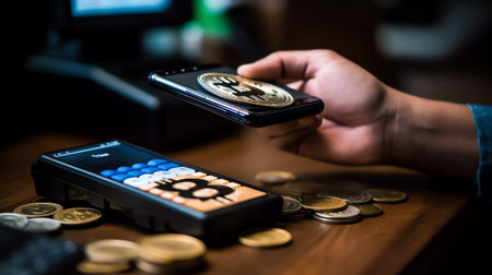 Generative AI : Businessman hipster holds telephone background of computer keyboard in office clodeup Make transaction money mobile wallet cryptocurrency payment for goods servicesの素材