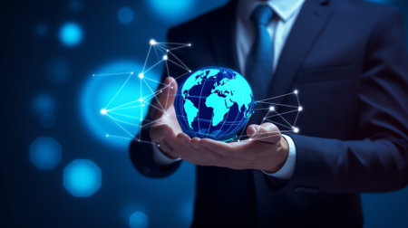 Generative AI : Businessman hand holding blue earth and global networking connectionblockchainvirtual technologybig dataiotrpaartificial intelligenceainetwork conceptElements of thの素材