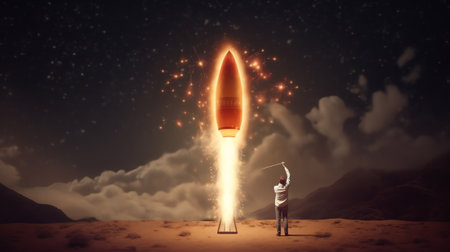 Generative AI : Creative rocket light bulb with smoke and blast successfully takes off into the starry sky Business start up launch and successful idea conceptの素材