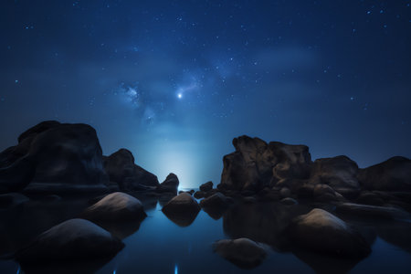 Generative AI : Beautiful nightscscape with milky way rising in Kudat Sabah North Borneo Image contain Noise and Grain due to High ISO Image also contain soft focus and blur due toの素材