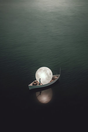 Generative AI : Bright and beautiful dramatic super moon over the ocean with small boat and reflection of bright light in black and white Image use for imply loneliness mood backgrの素材