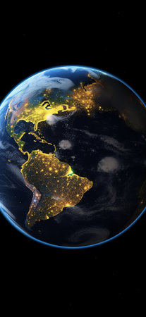 Generative AI : Earth planet in the night in outer space City lights on planet Earth globe isolated on black background Solar system element Elements of this image furnished by NASの素材