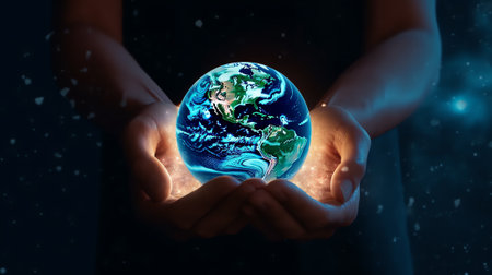 Generative AI : Earth at night was holding in human hands Earth day Energy saving concept Elements of this image furnished by NASAの素材