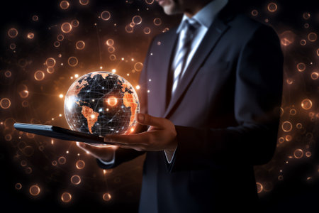 Generative AI : Emerging markets Internet and network technology business concepts businessman on smart phone Work on the futuristic virtual screen and see the inscriptionElement oの素材