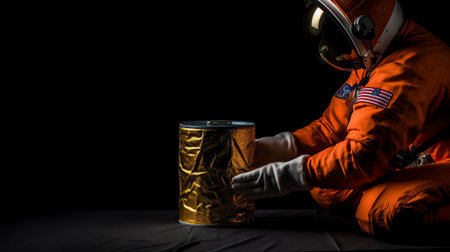 Generative AI : Digital collage with male hand holding yellow cup with a astronaut inside Elements of this image furnished by NASAの素材