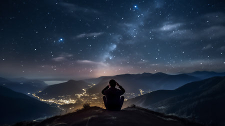 Generative AI : A man sitting on a bench staring at a starry sky with a Milky Way and a mountain landscapeの素材