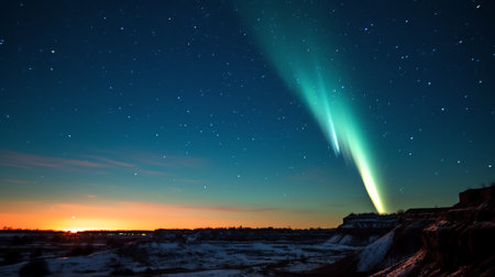 Generative AI : Amazing mysterious image rising crescent moon falling comets or shooting stars in dark blue sky with clouds Comet is icy small Solar System body Elements of this imの素材