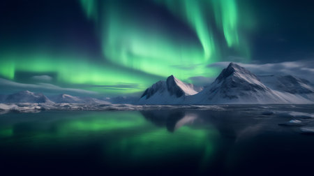 Generative AI : Aurora borealis above the snowy mountain and sandy beach in winter Northern lights in Lofoten islands Norway Starry sky with polar lights Night landscape with aurorの素材