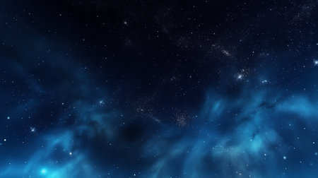 Generative AI : Astrophotography of a dark blue starry sky with many stars nebulae and galaxies Panoramic wide horizontal photo for banner head coverの素材