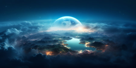 Generative AI : Blue Earth in the space Colorful art Solar system Blue gradient Space wallpaper Beautiful space view of the Earth with cloud formation Elements of this image furnisの素材