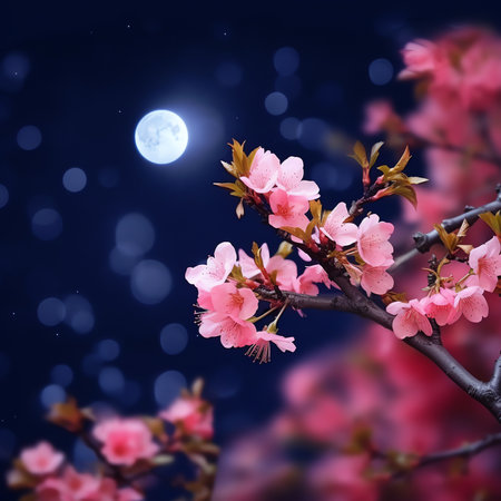 Generative AI : Beautiful cherry blossom sakura flowers with Milky Way star in night skies full moon Retro style artwork with vintage color toneElements of this moon image furnisheの素材
