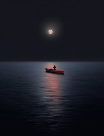 Generative AI : Bright and beautiful dramatic super moon over the ocean with small boat and reflection of bright light in black and white Image use for imply loneliness mood backgrの素材