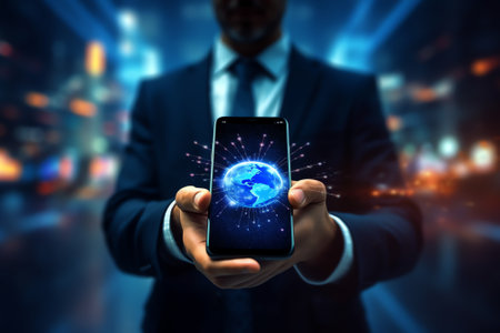 Generative AI : Emerging markets Internet and network technology business concepts businessman on smart phone Work on the futuristic virtual screen and see the inscriptionElement oの素材