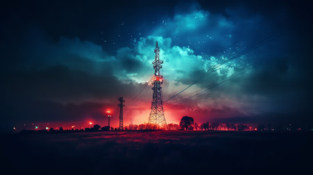 Generative AI : From below wonderful view of media antenna and silhouettes of electricity high voltage power towers against night city on horizon and gorgeous Milky Way in clear skの素材