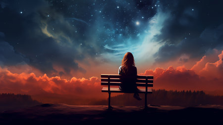 Generative AI : A man sitting on a bench staring at a starry sky with a Milky Way and a mountain landscapeの素材