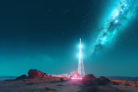 Generative AI : From below wonderful view of media antenna and silhouettes of electricity high voltage power towers against night city on horizon and gorgeous Milky Way in clear skの素材