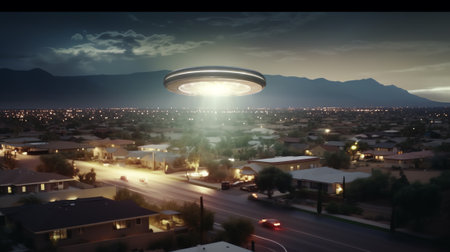 Generative AI : Amazing fantastic background extraterrestrial aliens spaceship fly above small town ufo with blue spotlights in dark stormy sky Elements of this image furnished byの素材