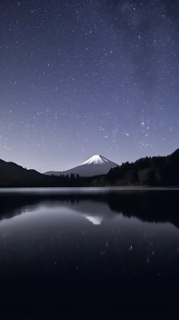 Generative AI : Fuji mountain at yamanachi in Japan Fuji mountain at night with milky way galaxy and Kawaguchiko lake Japanの素材