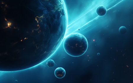 Generative AI : Astronaut planets star clusters in the light of a blue star Deep space landscape Science fiction art Image in 5K for desktop wallpaper Elements of the image were fuの素材