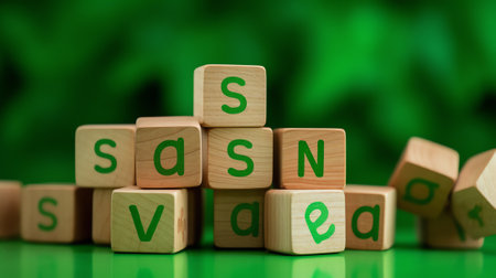 Generative AI : ESG letter on wood block cubes on wooden table over world map modern office city tower and skyscraper Environmental Social Corporate Governance concept Elements ofの素材