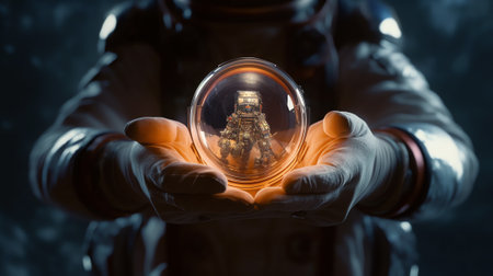 Generative AI : Digital collage with male hand holding yellow cup with a astronaut inside Elements of this image furnished by NASAの素材