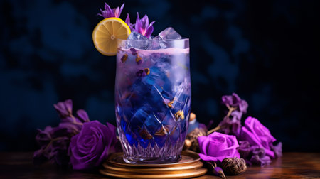 Generative AI : A refreshing drink called galaxy drink with a mix of purple and pink colors is very charming served in an attractive glass cupの素材