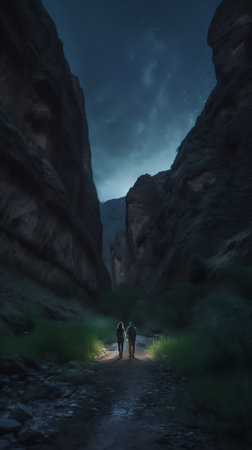 Generative AI : Front view of mulagljufur canyon with arched rocky formations surrounded by green trees growing under starry night sky located in icelandの素材