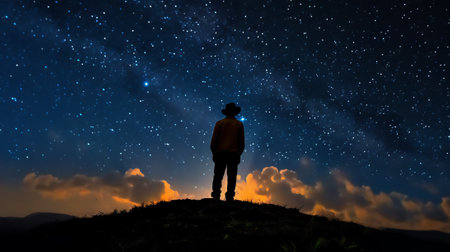 Generative AI : A silhouette of a man with a torch in a field looking at lights on the horizon on a moody misty night With a galaxy of stars overheadの素材
