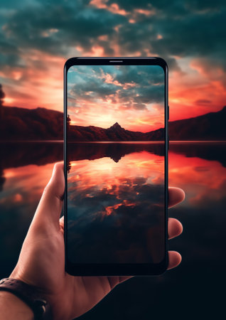 Generative AI : Amazing sunset colors and Samsung Galaxy phoneの素材