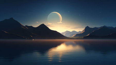 Generative AI : Arched Milky Way over the beautiful mountains and blue sea at night in summer Colorful landscape with bright starry sky with Milky Way arch moonlight constellationの素材