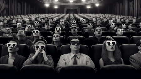 Generative AI : Cinema The audience in 3D glasses watching a movie Elements of this image furnished by NASAの素材