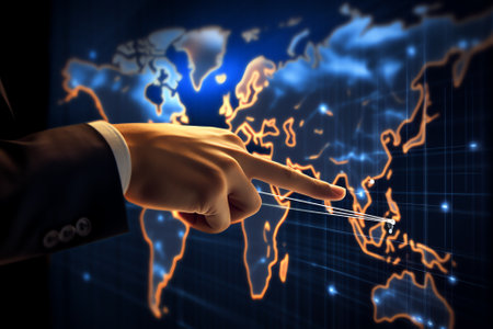 Generative AI : Business people point to the virtual hologram in the internet cyberspace online business and graph the rising trend of finance future life Image from space furnisheの素材