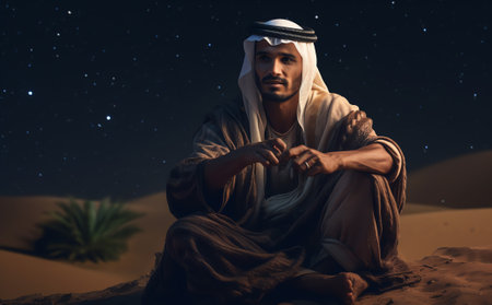 Generative AI : Berber prays to God in the Sahara desert at dusk Super Full Moon in the background Elements of this image furnished by NASAの素材