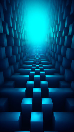 Generative AI : Dark abstract futuristic background Scene with stairs up Seabed large abstract aquarium sea waves Blue neon light concrete floor reflected in waterの素材