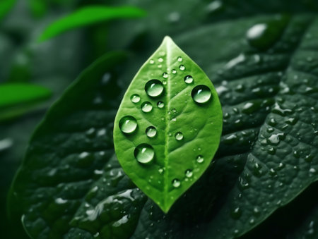Generative AI : Earth sit on green leaf with a lot of water drops on blur light background Sustainable development for save green world and water concept Elements of this image furの素材