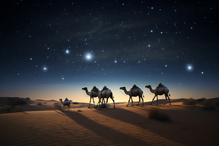 Generative AI : Camel caravan in the desert at sunrise Beautiful sand dunes in the Sahara desert at sunrise with super full moon Sahara Morocco Elements of this image furnished byの素材