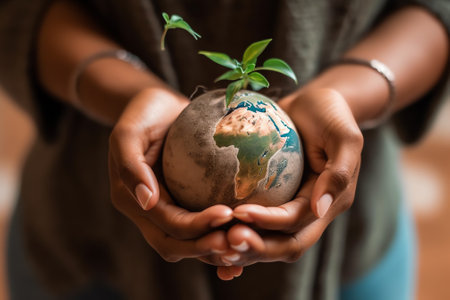 Generative AI : African and Caucasian female hands holding earth globe Different concept such as ecology international friendship and equality Elements of this image furnished by Nの素材
