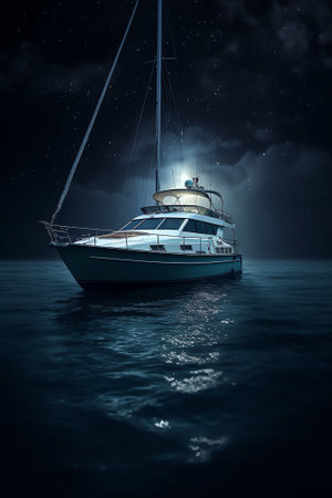 Generative AI : Boat drifting away in middle ocean after storm without course moonlight sky night skyline clouds background Nature landscape screen saver Life hope concept Elementsの素材