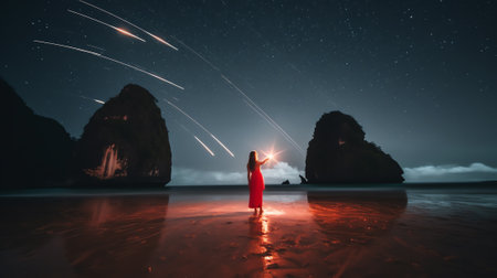 Generative AI : Beautiful Picture of the Galactic Core of Milky Way Galaxy Photographed at Wharariki Beach New Zealand Long Exposure of Stars Astrophotographyの素材