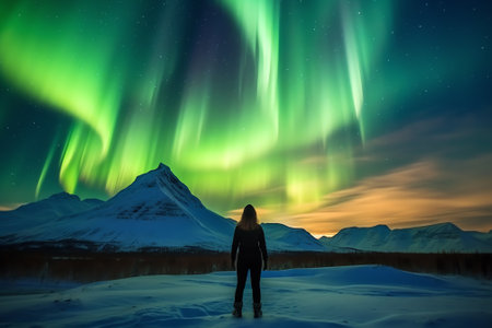 Generative AI : Aurora Borealis Over Mountains Within Denali National Park On A Very Cold Winter Night The Andromeda Galaxy Is Visible To The Left Alaska United States Of Americaの素材