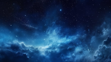 Generative AI : Astrophotography of a dark blue starry sky with many stars nebulae and galaxies Panoramic wide horizontal photo for banner head cover