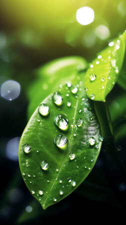 Generative AI : Earth sit on green leaf with a lot of water drops on blur light background Sustainable development for save green world and water concept Elements of this image furの素材