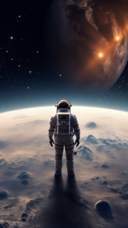 Generative AI : Astronaut in outer open space over the planet MarsStars provide the backgrounderforming a space above planet EarthSunrisesunsetOur home ISSElements of this Image Fuの素材