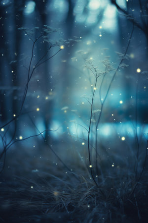 Generative AI : Empty night nature scene The night starry sky the rays of the blue neon spotlight Snowy winter night backgroundの素材