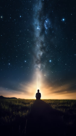 Generative AI : A silhouette of a man with a torch in a field looking at lights on the horizon on a moody misty night With a galaxy of stars overheadの素材